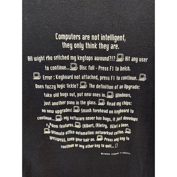 Vintage Unisex Black Cotton T-Shirt XL 'Computer Not Intelligent Y2K Comedy' - Picture 1 of 4